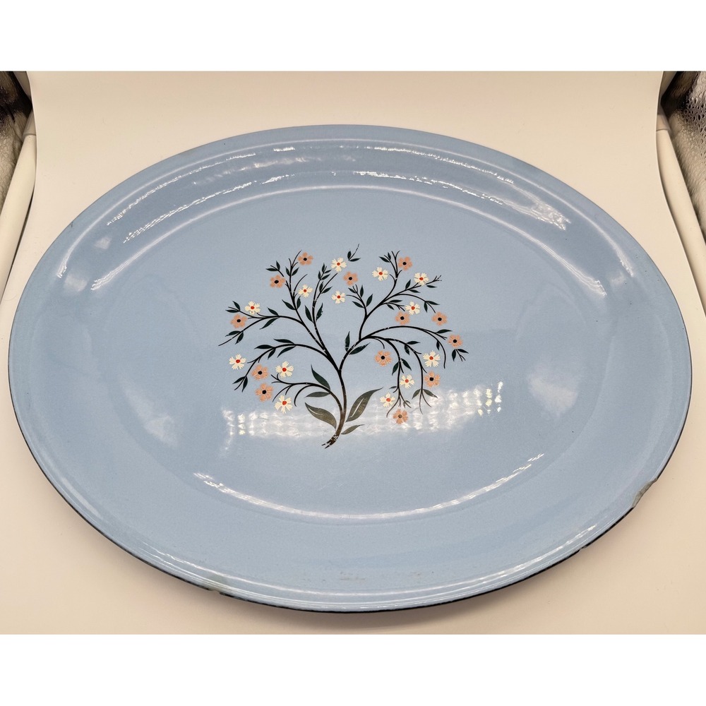 Homer Laughlin Vintage Blue Floral Oval Serving Platter  13.5"